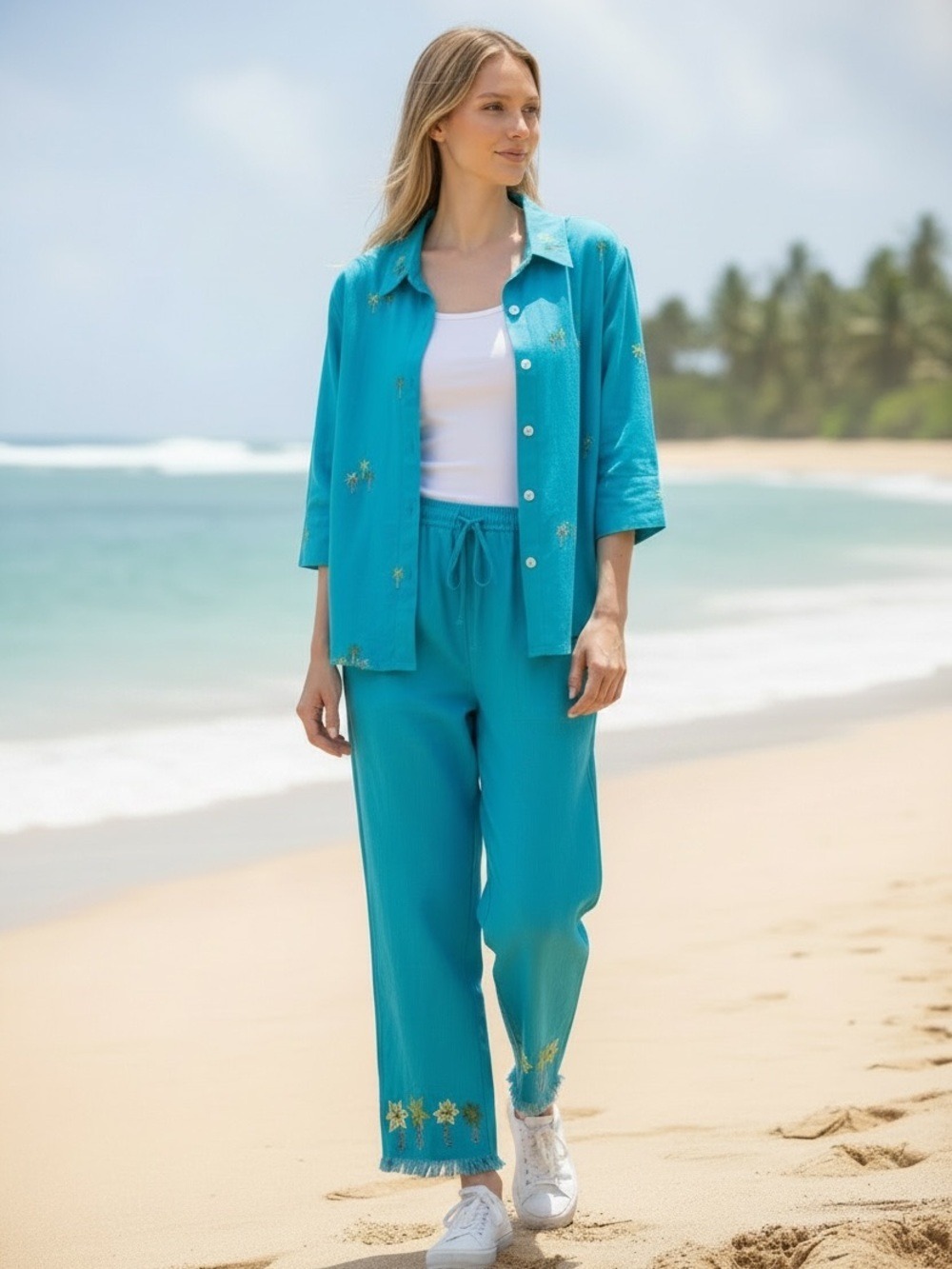 Y2K 2PC SPORTELLE LINEN TURQUOISE TROPICAL PALM TREES EMBROIDERED PANT SET SZ XL